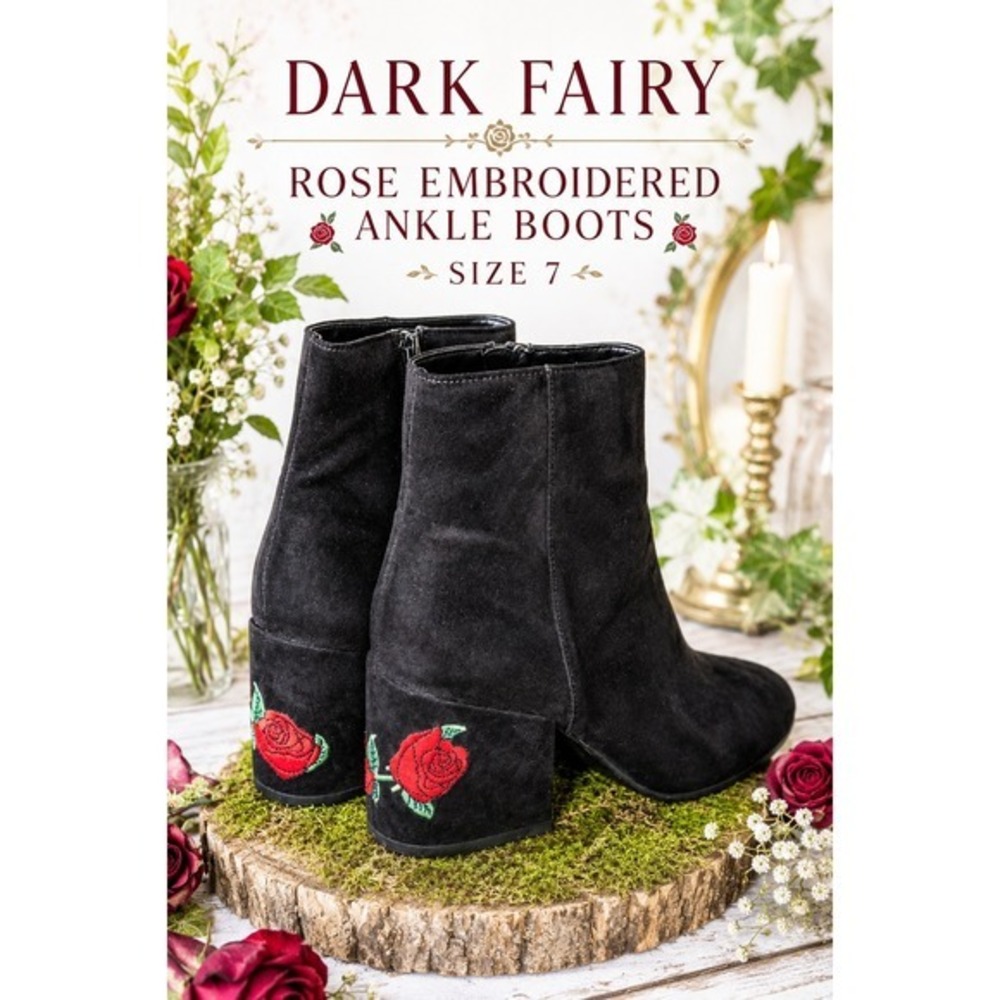 Y2K Coquette Floral Embroidered Ankle Boots Black Block Heel Size 7 Whimsygoth